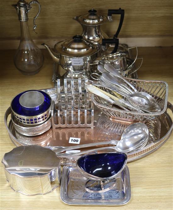 A large quantity of sundry plated wares, including a plated mounted claret jug